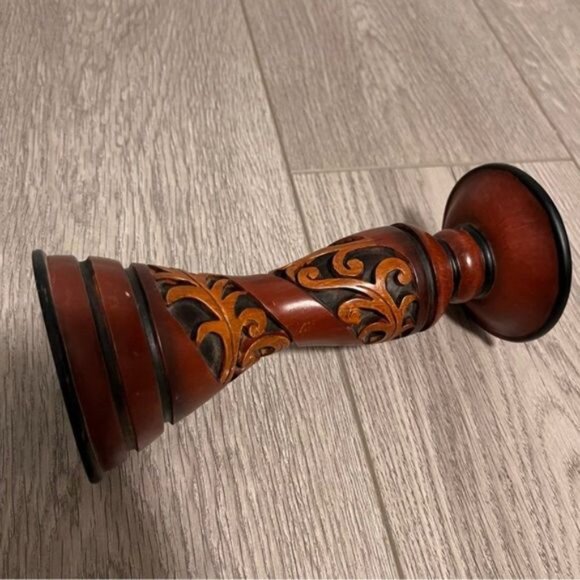 Vintage Wooden Hand Carved Floral Design Candle Holder - Picture 2 of 6